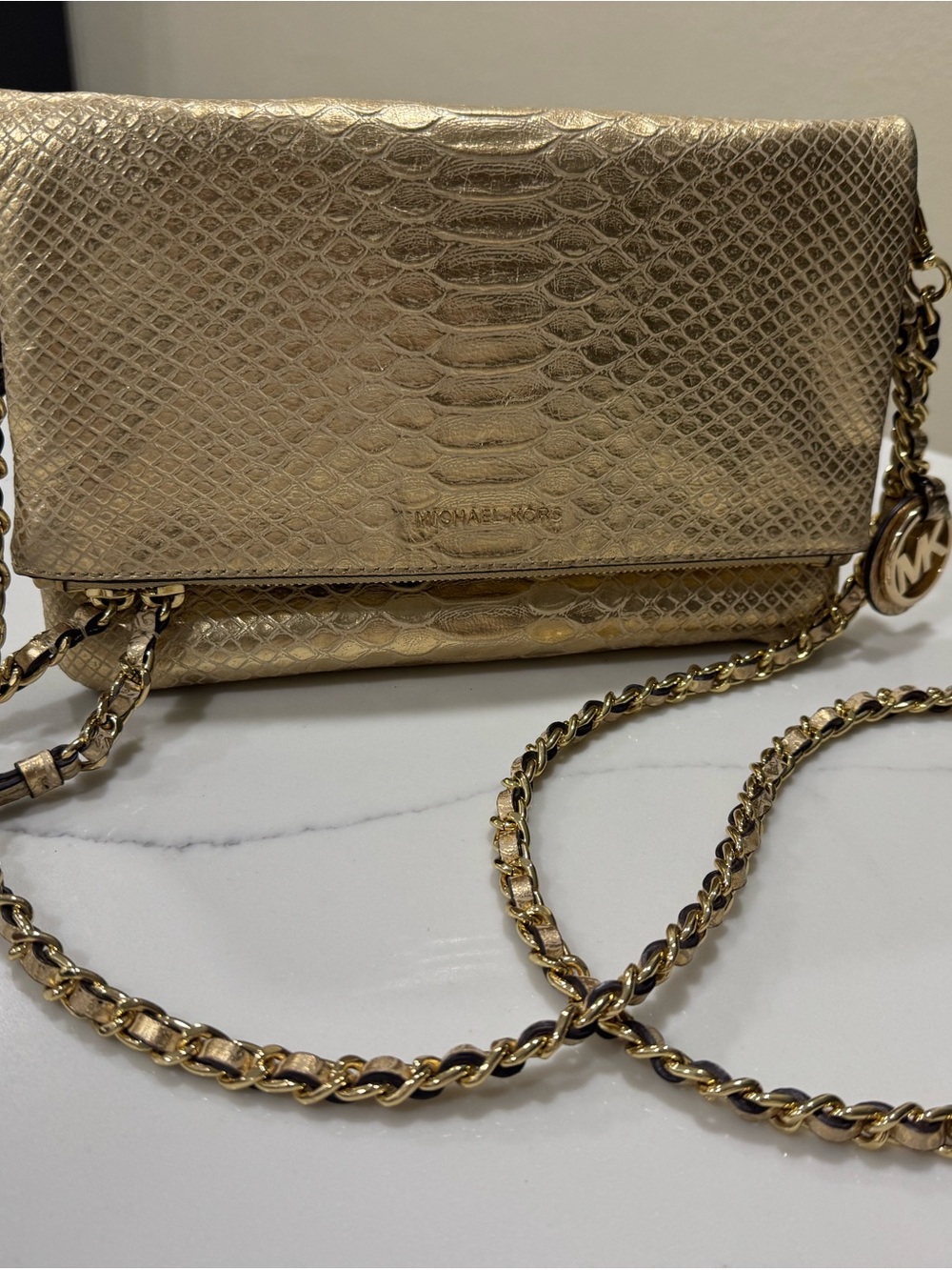 Michael Kors Metallic Gold Snake-Embossed Crossbody
